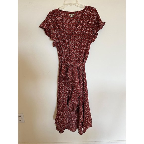Max Studio Women's Ruffle Crepe Burgundy/Floral Wrap Summer Dress- Large - Picture 1 of 7
